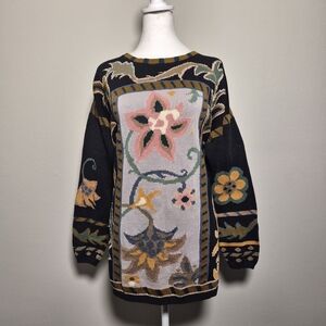 Peruvian Connection RARE Vintage 100% Pima Cotton Whimsical Floral Panel Sweater